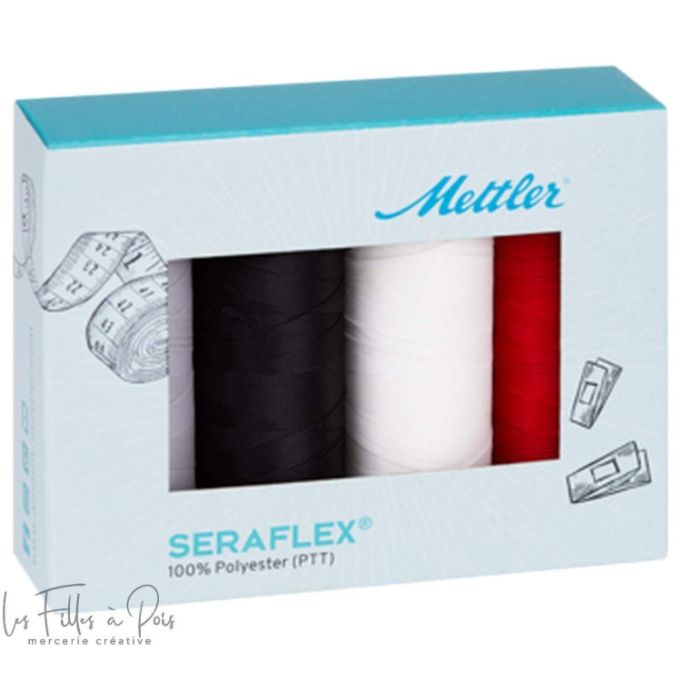 Caixa de 4 bobinas elásticas Seraflex - Branco preto vermelho cinzento - 130m - Mettler ® METTLER ® - Fils à coudre et à broder Caixa de 4 bobinas elásticas Seraflex - Branco preto vermelho cinzento - 130m - Mettler ® METTLER ® - Fils à coudre et à broder