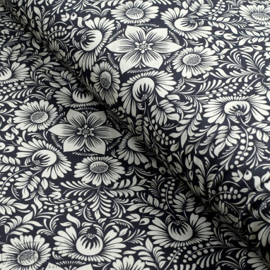 Tissu jersey motif fleurs baroques collection "Klass" - Bleu foncé et écru - Les Filles à Pois ® - Oeko-Tex ® Les Filles à Pois 