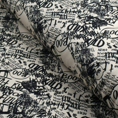 Tissu french terry motif inscription collection "Random" - Ecru et noir - Les Filles à Pois ® - Oeko-Tex ® Les Filles à Pois - D