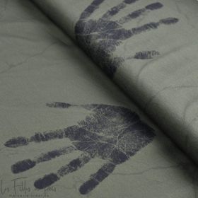 Tissu french terry motif empreintes collection "Random" - Vert kaki et noir - Les Filles à Pois ® - Oeko-Tex ® Les Filles à Pois