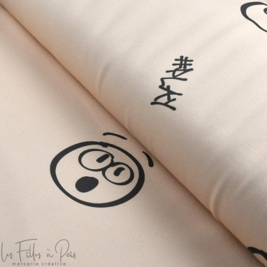 Tissu french terry motif smilet emot collection "Collection Sister A" - Ecru et gris - Les Filles à Pois ® - Oeko-Tex ® Les Fill