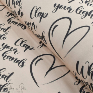 Tissu french terry motif écriture et coeurs collection "Collection Sister A" - Ecru et gris - Les Filles à Pois ® - Oeko-Tex ® L