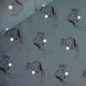 Tissu french terry coton "SQUIRREL" motif écureuil - Bleu orageux -  Oeko-Tex ® - See You At Six ® See You At Six ® - Tissus Oek