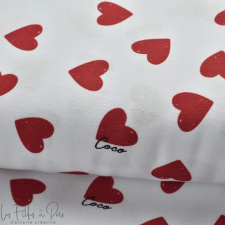 Tissu popeline de coton motif coeur collection "Coco" - Blanc, rouge et noir - Les Filles à Pois ® - Oeko-Tex ® Les Filles à Poi