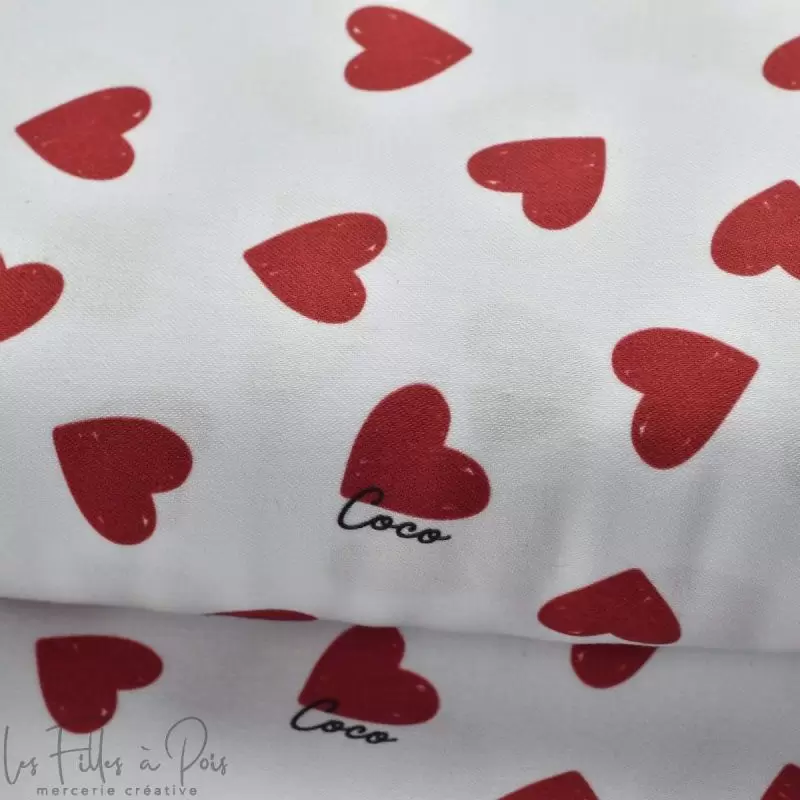 Tissu coton motif coeur collection "Coco" - Blanc, rouge et noir - Les Filles à Pois ® - Oeko-Tex ® Les Filles à Pois - Design ®