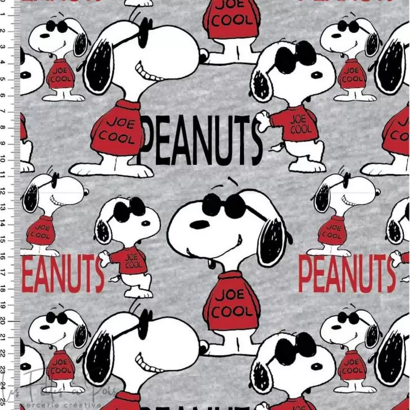 Tissu jersey coton motif Snoopy "Joe Cool" - Gris, Rouge, blanc et noir - Bio - Peanuts ® Peanuts ® - 8