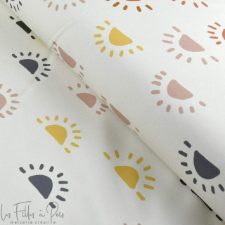 Tissu french terry motif soleil collection "Anna" - Blanc et multicolore - Les Filles à Pois ® - Oeko-Tex ® Les Filles à Pois - 