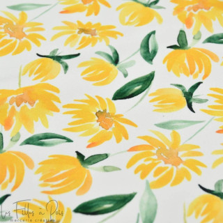 Tissu lycra motif tournesol collection "Amanda" - Blanc et jaune - Les Filles à Pois ® - Oeko-Tex ® Les Filles à Pois - Design ®