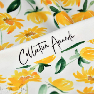 Tissu lycra motif tournesol collection "Amanda" - Blanc et jaune - Les Filles à Pois ® - Oeko-Tex ® Les Filles à Pois - Design ®
