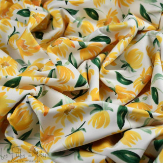 Tissu lycra motif tournesol collection "Amanda" - Blanc et jaune - Les Filles à Pois ® - Oeko-Tex ® Les Filles à Pois - Design ®