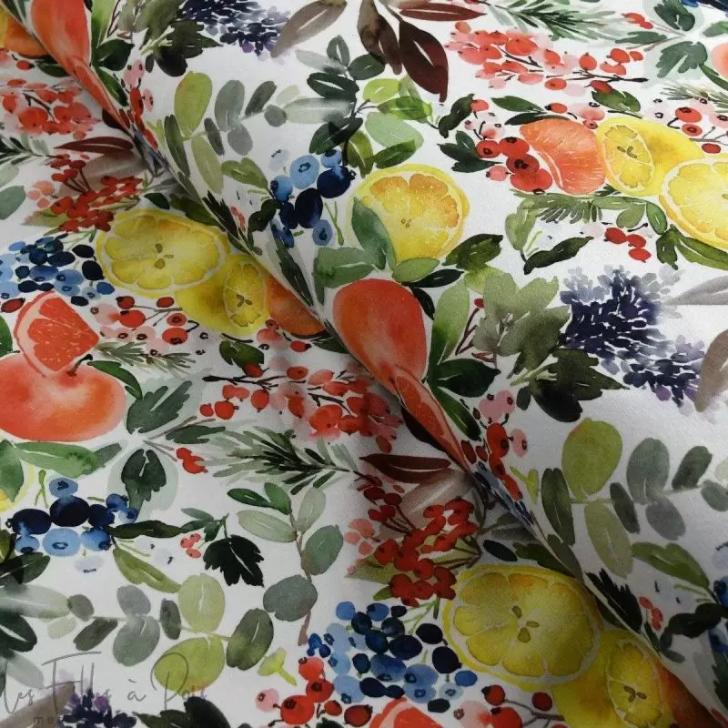 Tissu french terry motif fruits collection "Amanda" - Blanc et multicolore - Les Filles à Pois ® - Oeko-Tex ® Les Filles à Pois 