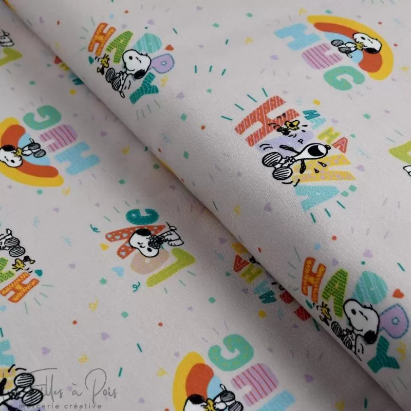 Tissu french terry coton motif Snoopy "Hug" - Multicolore - Bio - Peanuts ® Peanuts ® - 1