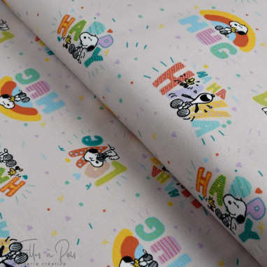 Tissu french terry coton motif Snoopy "Hug" - Multicolore - Bio - Peanuts ® Peanuts ® - 1