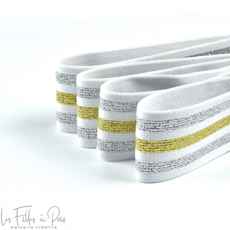Elástico plano com riscas de lurex - Branco, prateado e dourado - 40 mm Autres marques - Tissus et mercerie - 1 Elástico plano com riscas de lurex - Branco, prateado e dourado - 40 mm Autres marques - Tissus et mercerie - 1