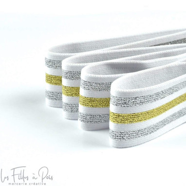 Elastique  plat à rayures lurex - Blanc, argenté et doré - 40mm  - 1
