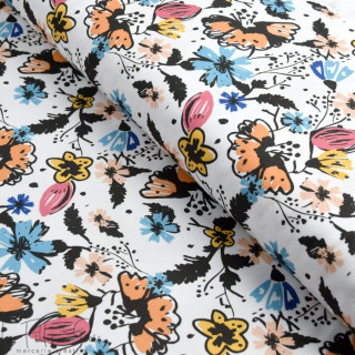 Tissu popeline de coton motif fleurs collection "Frida" - Bleu, corail, rose et blanc - Les Filles à Pois ® - Oeko-Tex ® Les Fil