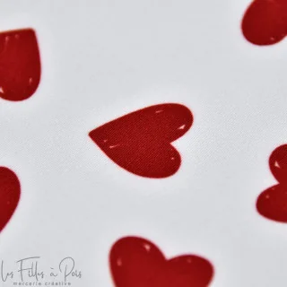 Tissu lycra maillot de bain motif coeur "In Love" blanc et rouge - UFP50+ - Collection Coco - Les Filles à Pois Design Les Fille