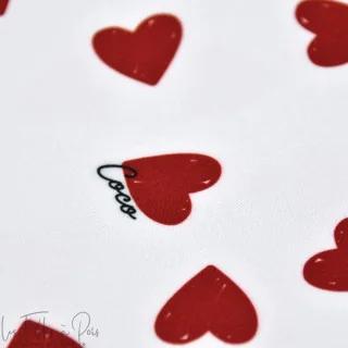 Tissu lycra maillot de bain motif coeur "In Love" blanc et rouge - UFP50+ - Collection Coco - Les Filles à Pois Design Les Fille