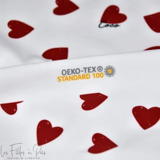Tissu lycra maillot de bain motif coeur "In Love" blanc et rouge - UFP50+ - Collection Coco - Les Filles à Pois Design Les Fille