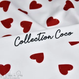 Tissu lycra maillot de bain motif coeur "In Love" blanc et rouge - UFP50+ - Collection Coco - Les Filles à Pois Design Les Fille