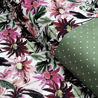 Panneau de tissu lycra motif fleurs et pois collection "Amanda" - Tons violet et kaki - Les Filles à Pois ® - Oeko-Tex ® Les Fil