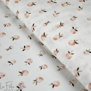 Tissu popeline de coton motif pommes - Blanc et saumon - Oeko-Tex ® Autres marques - Tissus et mercerie - 1