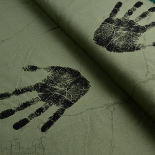 Tissu popeline de coton motif empreintes collection "Random" - Vert kaki et noir - Les Filles à Pois ® - Oeko-Tex ® Les Filles à