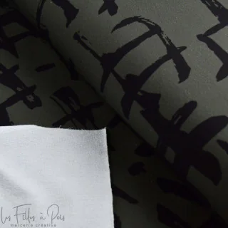 Coupon de tissu french terry motif hashtag "Random" - Vert kaki et noir - 180cm - Les Filles à Pois Les Filles à Pois - Design :