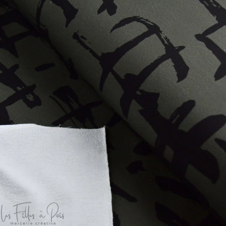 Coupon de tissu french terry motif hashtag "Random" - Vert kaki et noir - 180cm - Les Filles à Pois Les Filles à Pois - Design :