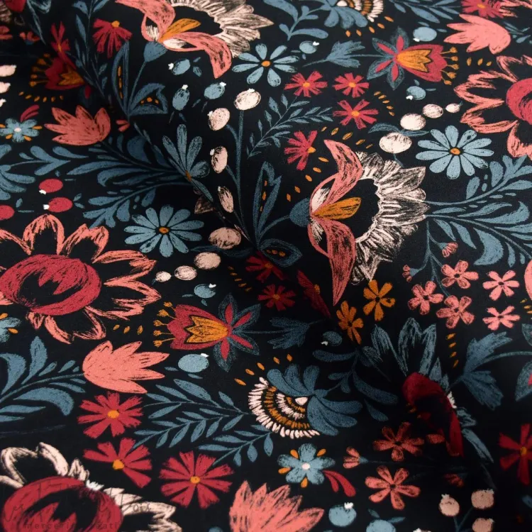 Tissu viscose motif fleuri "Matriochka" - Tons noirs et bleus - Lise Tailor - Ecovero - 1 Tissu viscose motif fleuri "Matriochka" - Tons noirs et bleus - Lise Tailor - Ecovero - 1