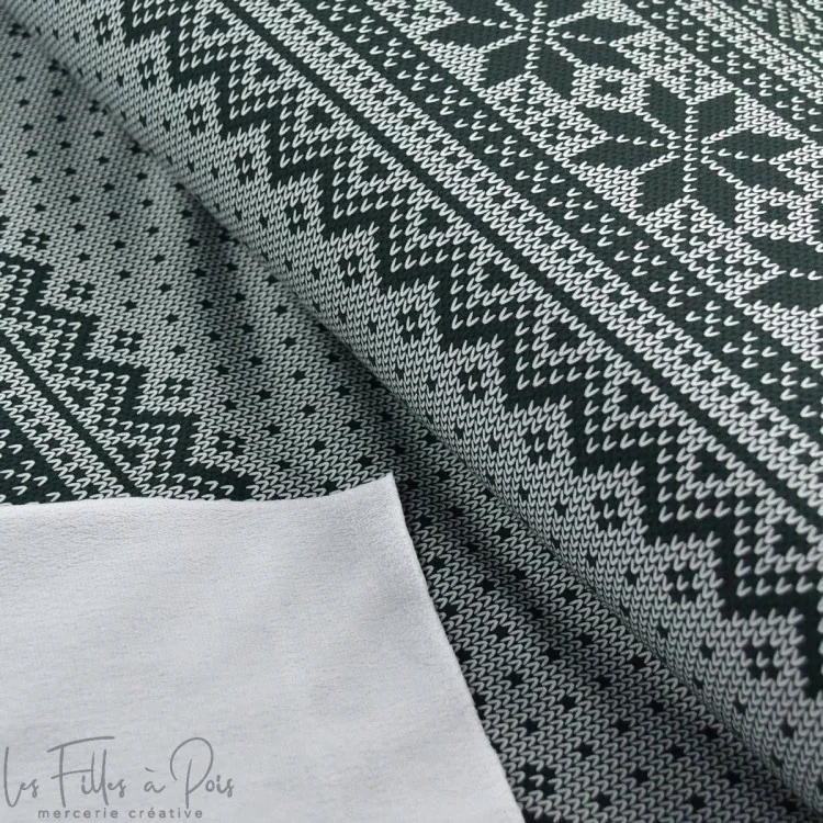 Coupon de tissu jersey de coton motif jacquard de noël "D&C" - Vert et Ecru - 240cm - Les Filles à Pois Les Filles à Pois - Desi
