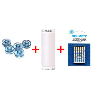 Blister d'aiguilles universelles Schmetz + Lot de 10 canettes + Bobine de fil blanc 200m Mettler Seralon Sélection Les Filles à 