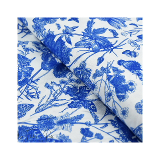 Tissu coton motif fleurs et papillons collection "Sakha" - Blanc et bleu - Les Filles à Pois ® - Oeko-Tex ® Les Filles à Pois - 