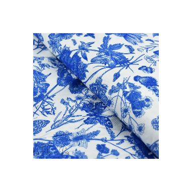 Tissu coton motif fleurs et papillons collection "Sakha" - Blanc et bleu - Les Filles à Pois ® - Oeko-Tex ® Les Filles à Pois - 