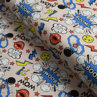 Coupon de tissu jersey motif onomatopées collection "PopArt" - Nude et multicolore - 220cm - Les Filles à Pois ® Les Filles à Po