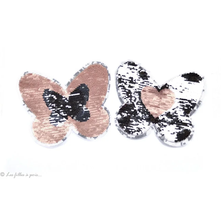 Motif sequin réversible papillon - Rose et gris argenté - à coudre - 1
