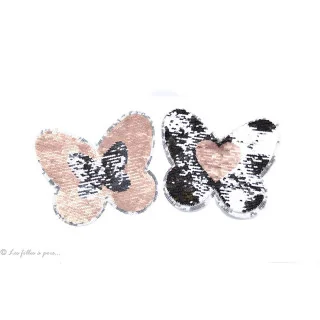 Motif sequin réversible papillon - Rose et gris argenté - à coudre - 2