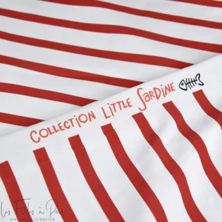 Coupon de tissu jersey motif rayures marinières "Little Sardine" - Blanc et rouge - 90cm Les Filles à Pois - Design : motifs aud
