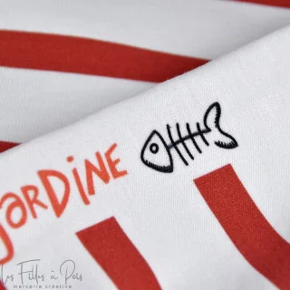 Coupon de tissu jersey motif rayures marinières "Little Sardine" - Blanc et rouge - 90cm Les Filles à Pois - Design : motifs aud