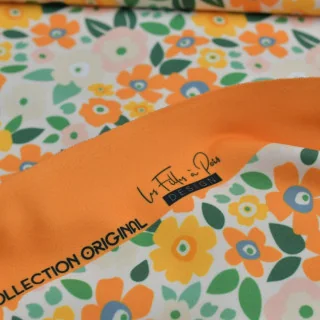 Tissu lycra maillot de bain fleurs "Sunny bloom" orange et jaune - UFP50+ - Collection Original - Les Filles à Pois Design Les F