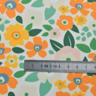 Tissu lycra maillot de bain fleurs "Sunny bloom" orange et jaune - UFP50+ - Collection Original - Les Filles à Pois Design Les F