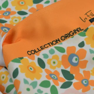Tissu lycra maillot de bain fleurs "Sunny bloom" orange et jaune - UFP50+ - Collection Original - Les Filles à Pois Design Les F