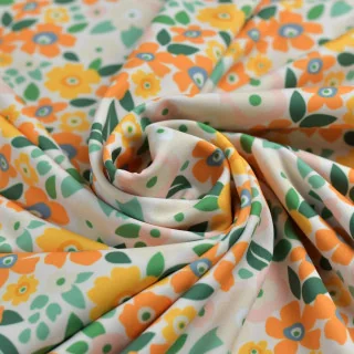 Tissu lycra maillot de bain fleurs "Sunny bloom" orange et jaune - UFP50+ - Collection Original - Les Filles à Pois Design Les F