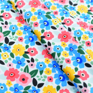 Tissu lycra motif fleurs collection "Original" - Tons bleus, roses et jaunes - Les Filles à Pois - UV50+ Les Filles à Pois - Des