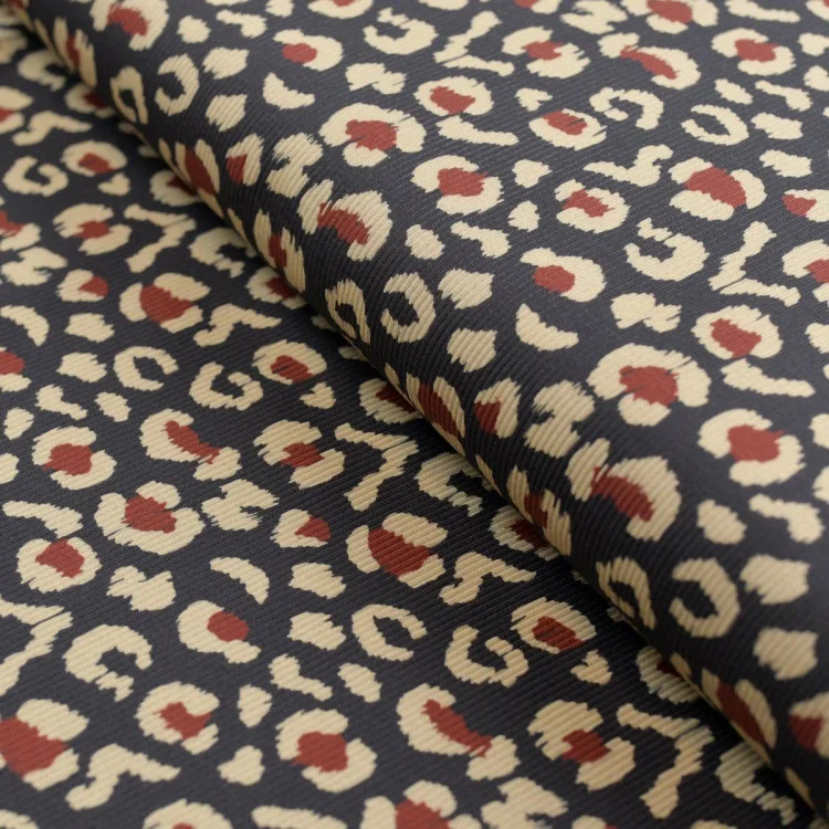 Tissu jersey côtelé léopard "Varka" bleu marine, naturel et terracotta – Collection Klass - Les Filles à Pois Design Les Filles 