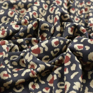 Tissu jersey côtelé léopard "Varka" bleu marine, naturel et terracotta – Collection Klass - Les Filles à Pois Design Les Filles 