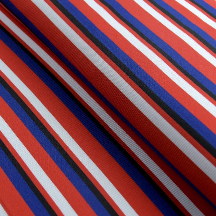 Tissu jersey côtelé rayures "Ritmika" rouge, bleu et noir – Collection Klass - Les Filles à Pois Design Les Filles à Pois - Desi