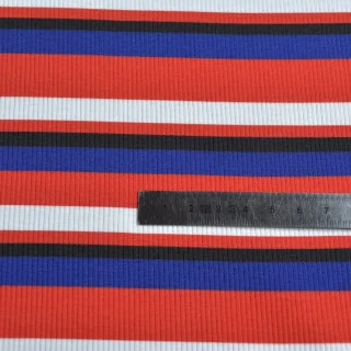 Tissu jersey côtelé rayures "Ritmika" rouge, bleu et noir – Collection Klass - Les Filles à Pois Design Les Filles à Pois - Desi