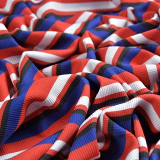 Tissu jersey côtelé rayures "Ritmika" rouge, bleu et noir – Collection Klass - Les Filles à Pois Design Les Filles à Pois - Desi