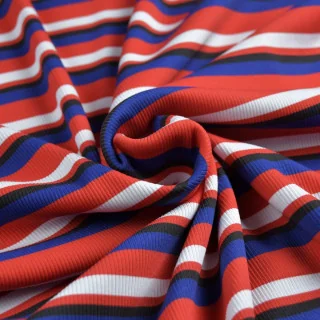 Tissu jersey côtelé rayures "Ritmika" rouge, bleu et noir – Collection Klass - Les Filles à Pois Design Les Filles à Pois - Desi